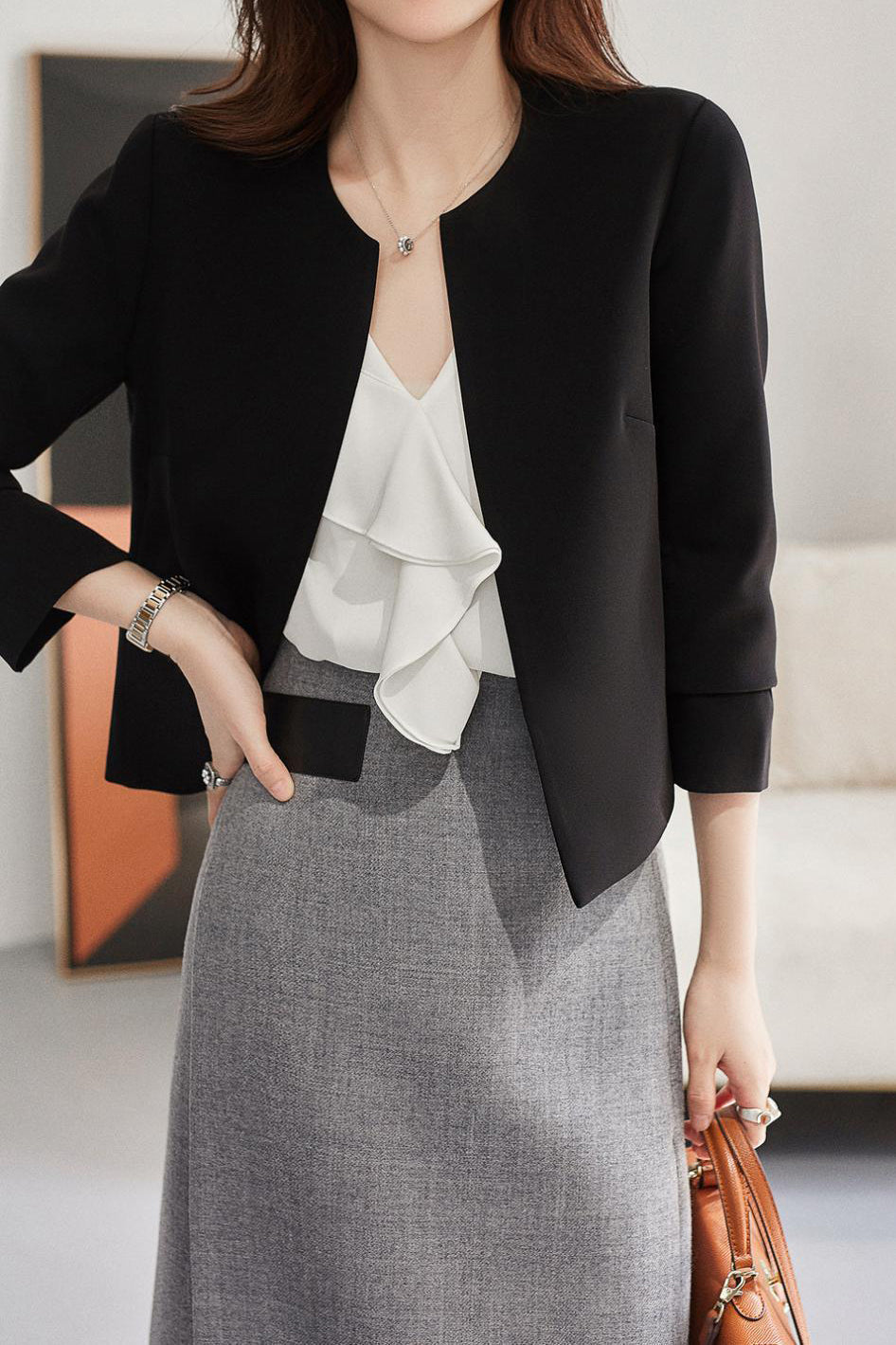 No-Collar Simple Layered Jacket with Lining - 2 Colors Available - liwisi