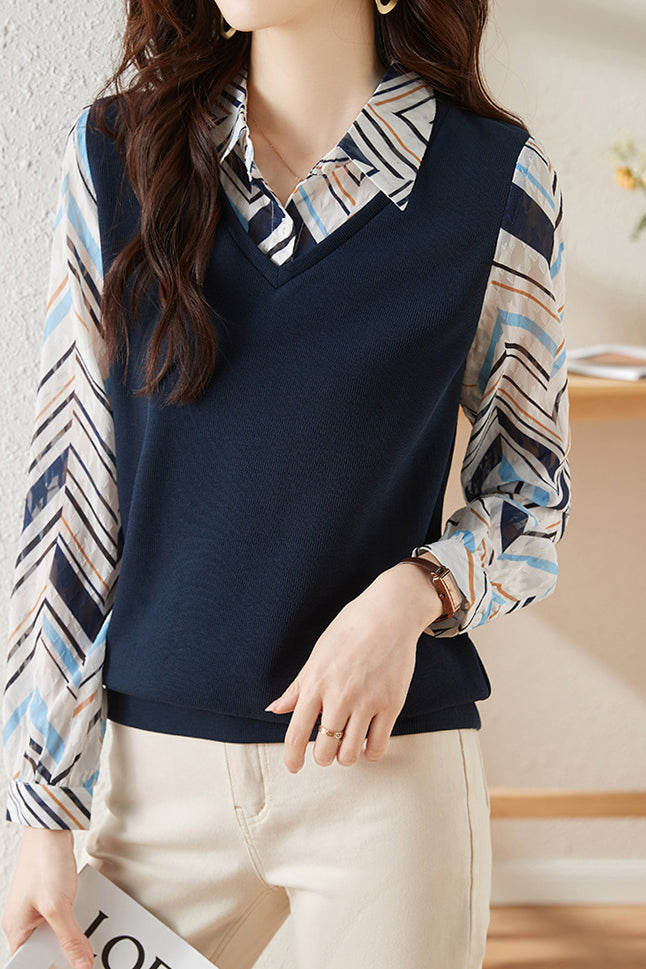 Layered Look Printed Contrast Vest Shirt - liwisi