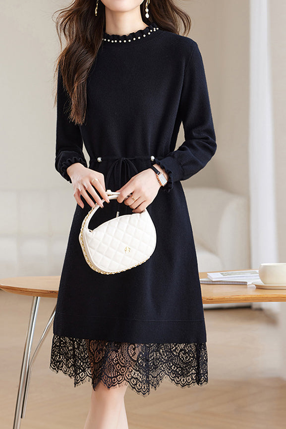 Pearl Beaded Decor Knit Dress - 2 Colors Available - liwisi