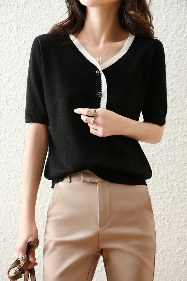 Bi-Color V-Neck Button Decor Knit Top - liwisi