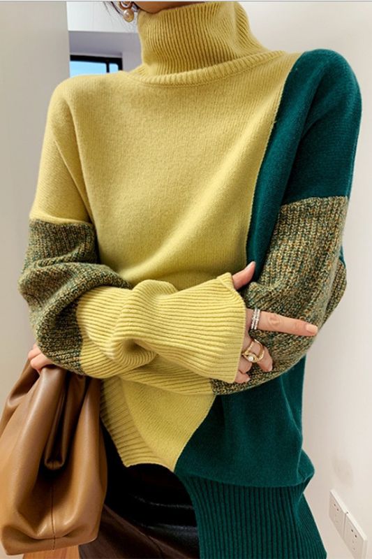 Contrast Turtleneck Leisure Knitted Sweater - liwisi