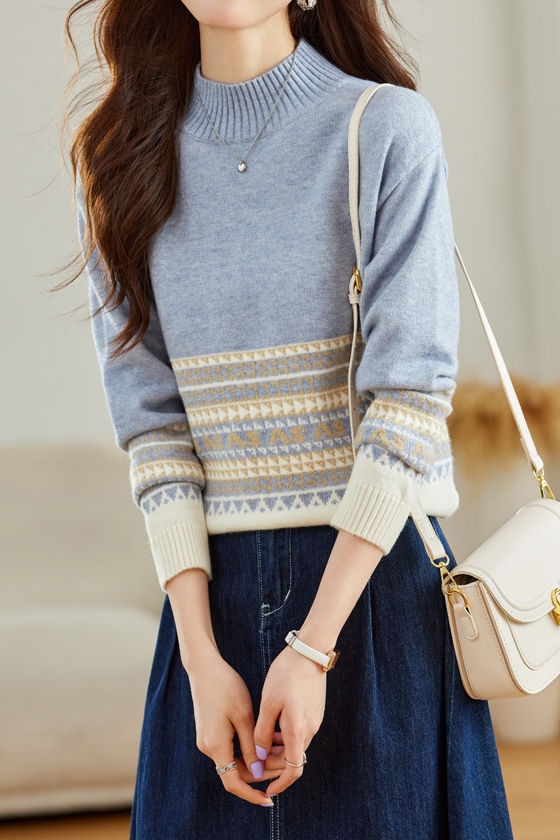 Slouchy Half-High Neck Color-Block Knit Top - liwisi