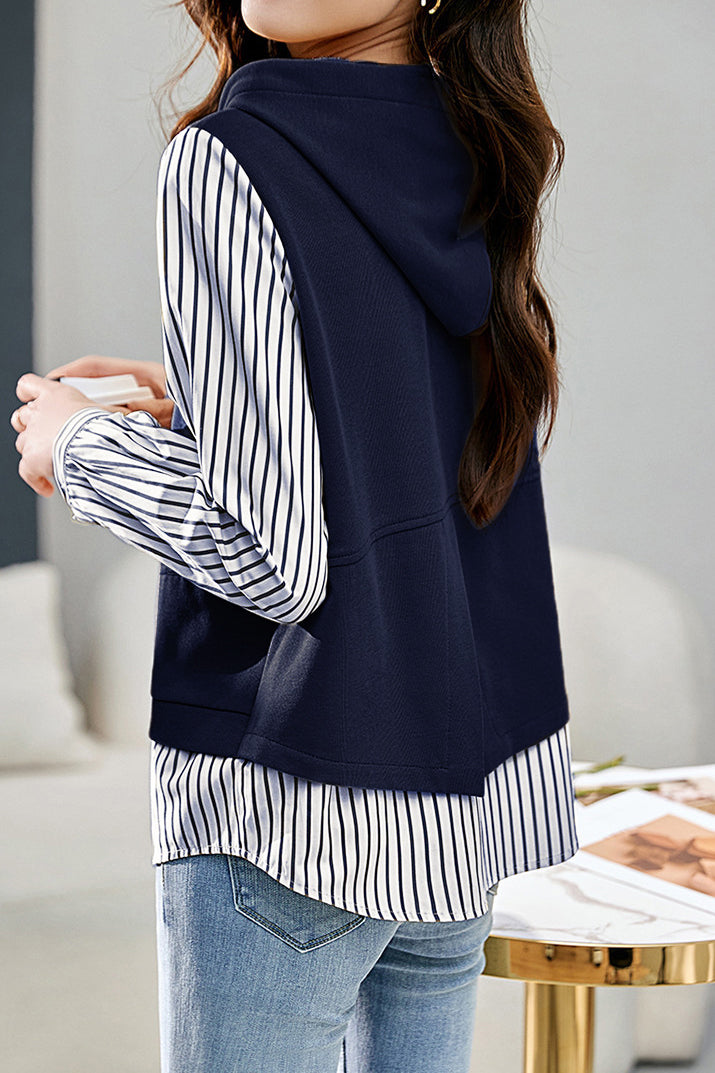 Mixed Material Striped Panel Hoodie - liwisi