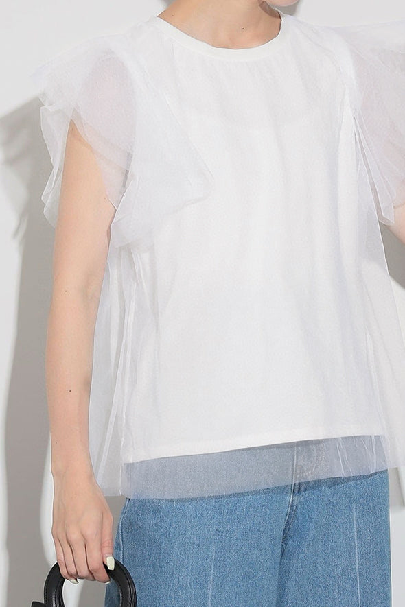 Round Neck Double Tulle Flare Sleeve T-Shirt - 2 Colors Available - liwisi