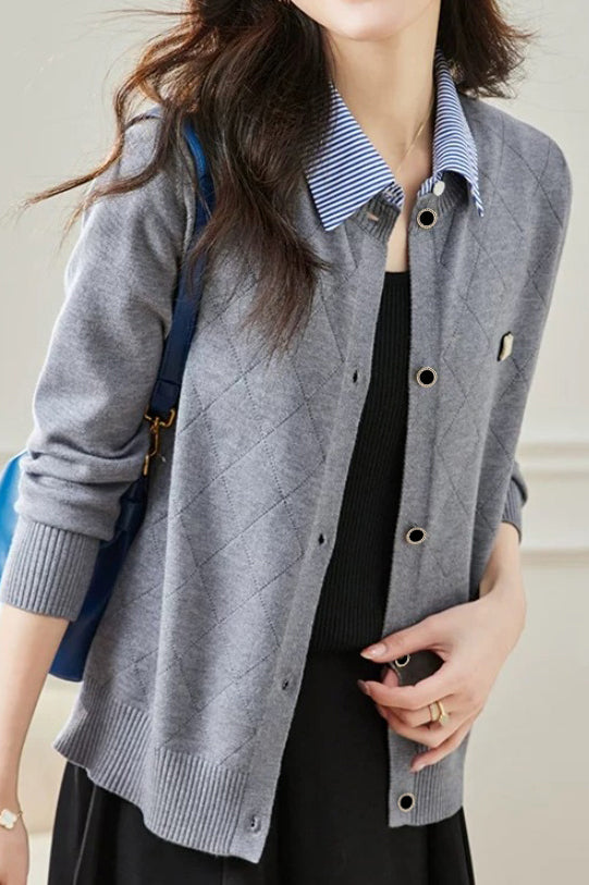 Mixed Material Shirt Collar Striped Logo Embroidered Knit Cardigan - 3 Colors Available - liwisi