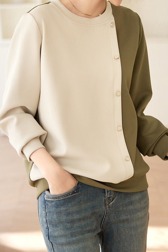 Bi-Color Button Decor Asymmetrical Sweatshirt - liwisi