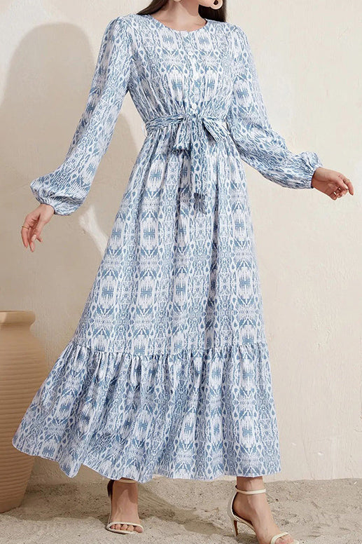 Round Neck Printed Maxi Prairie Dress - liwisi