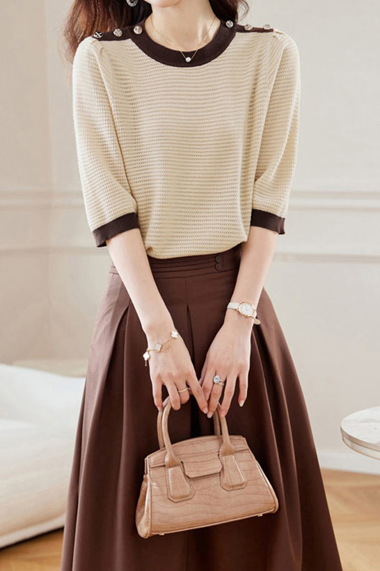 Bi-Color Hem Button Decor Knit Top - 3 Colors Available - liwisi