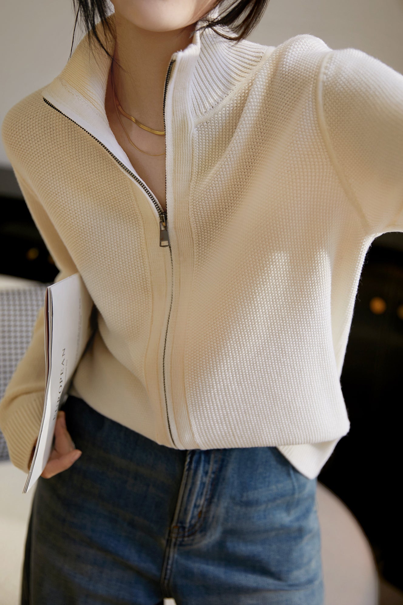 Tall Collar Classic Knit Blouson - 3 Colors Available - liwisi
