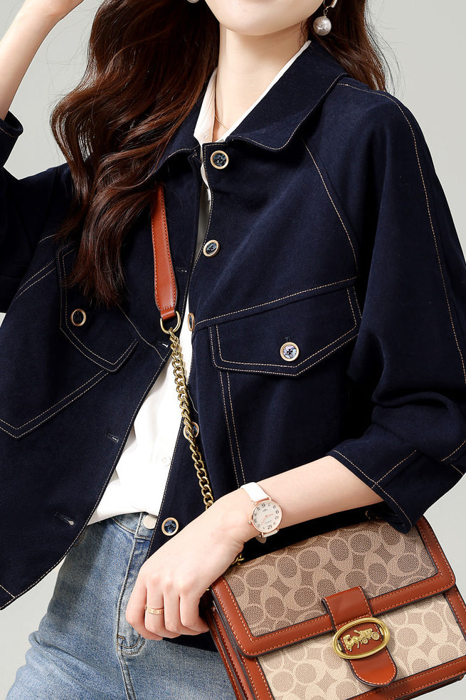 Fashionable Folded Collar Denim Jacket - liwisi