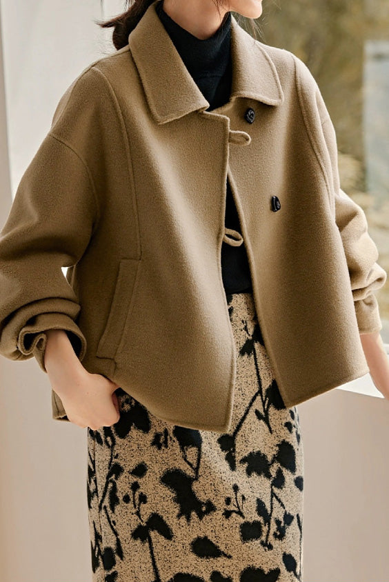 Simple Drop Shoulder Stand Collar Melton Coat - liwisi