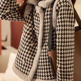 Lapel Collar Eco Fur Decor Houndstooth Jacket - liwisi