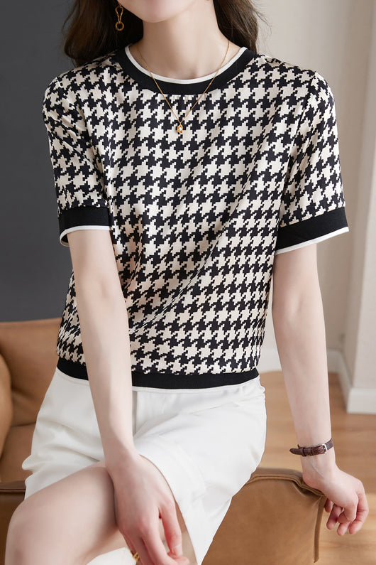 Round Neck Houndstooth Print Short Sleeve T-Shirt - liwisi