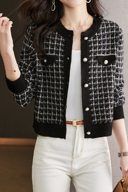 Early Autumn Plaid Textured Knit Cardigan - liwisi
