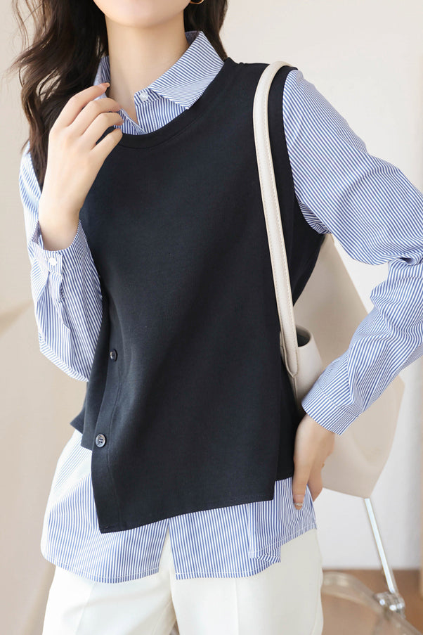 Mixed Material Striped Contrast Blouse - liwisi