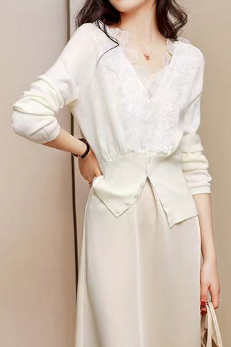 V-Neck Embroidered Lace Decor Knit Cardigan - 3 Colors Available - liwisi