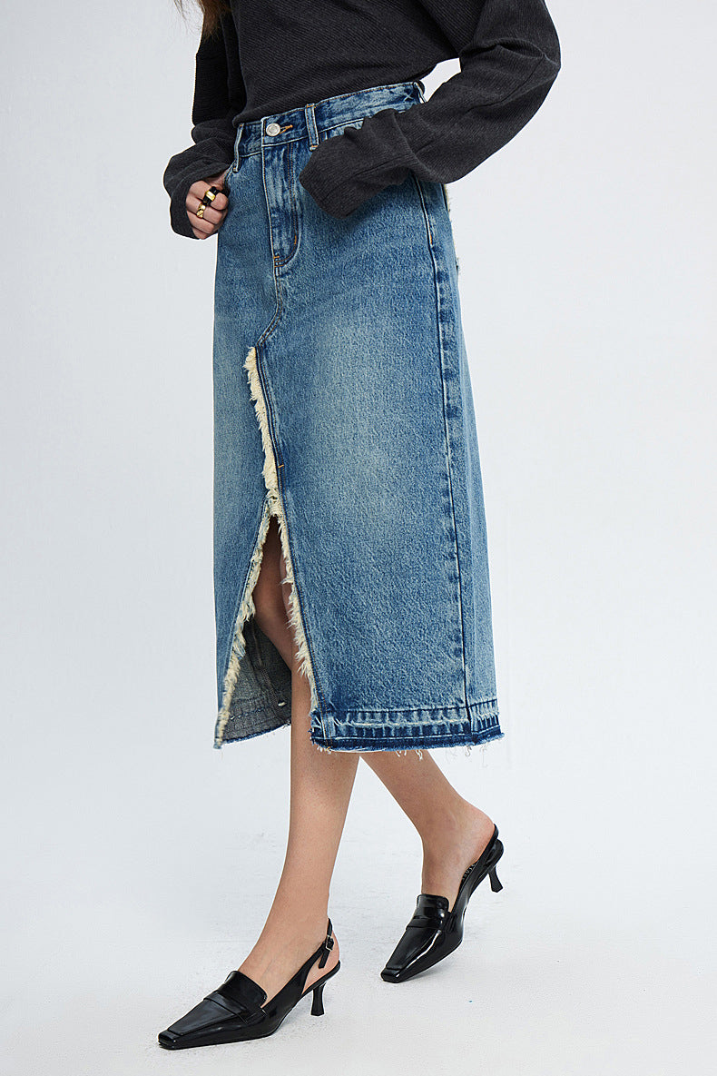 Fringe Decor Front Slit Long Denim Skirt - liwisi