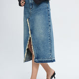 Fringe Decor Front Slit Long Denim Skirt - liwisi