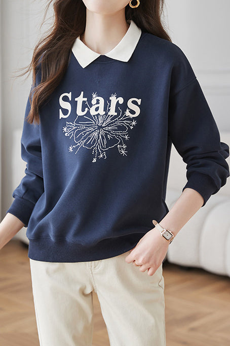 Casual Letter Embroidered Faux Layered Collar Sweatshirt - liwisi