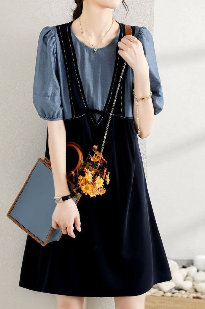 Layered Look Stitch Decor Semi-Flare Dress - 2 Colors Available - liwisi