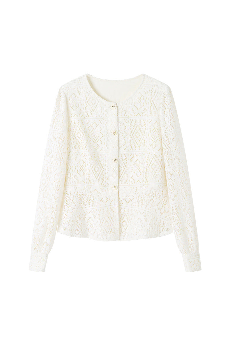 Round Neck Openwork Long Sleeve Cardigan with Lining - 2 Colors Available - liwisi