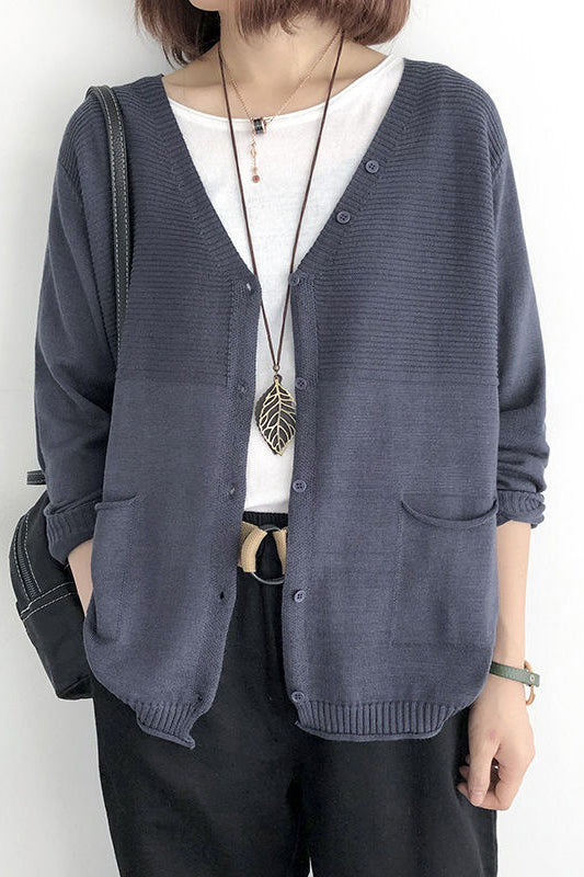 V-Neck Rib Knit Cardigan with Contrast - 5 Colors Available - liwisi