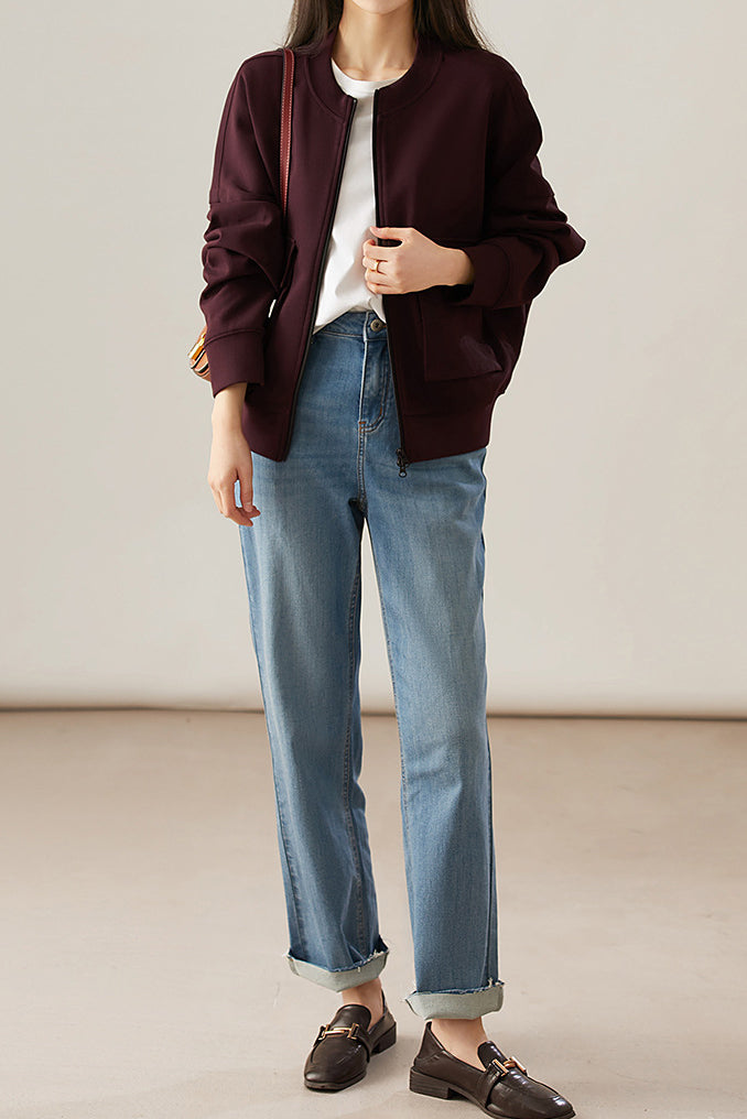 Round Neck Double Flap Pocket Long Sleeve Blouson-2 Colors Available - liwisi