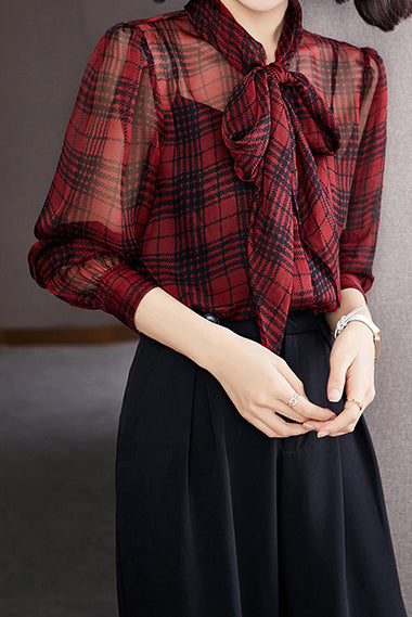 Bow Tie Collar Check Pattern Sheer Blouse - liwisi