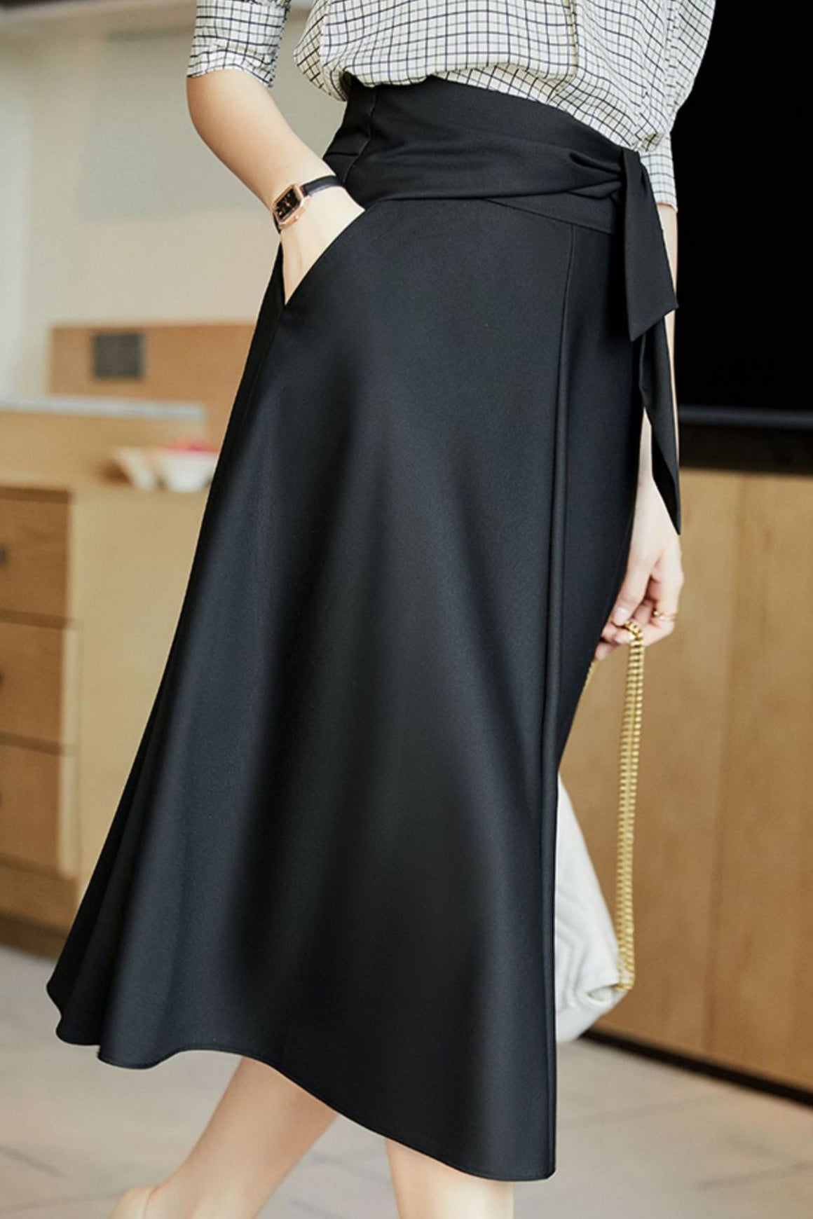 Volume Semi-Flare Skirt with Tie Belt - liwisi