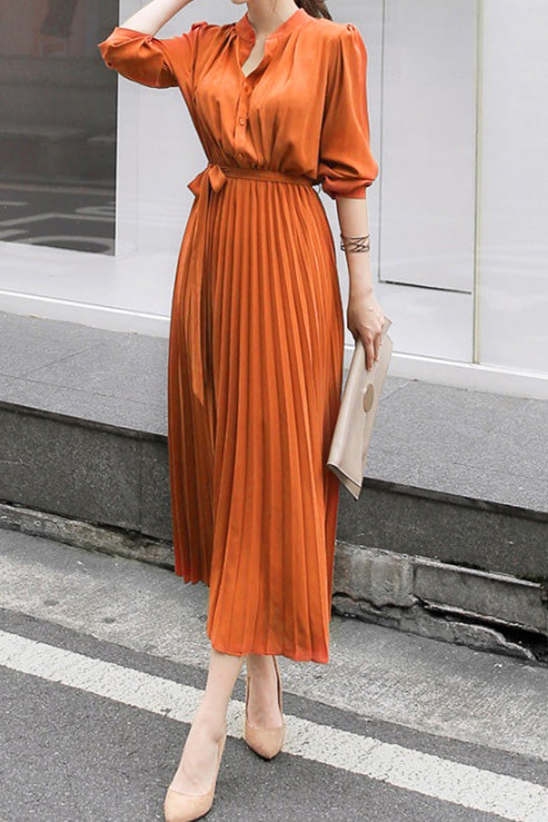 Puff Sleeve Waist Marked Pleated Dress - Long Sleeve, Elegant, Slimming, Fit, Work - 4 Colors Available - liwisi