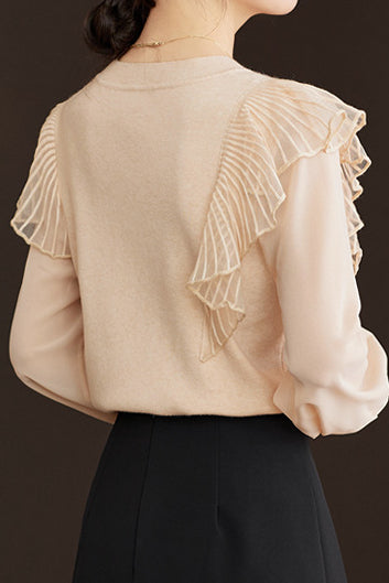 Asymmetrical Design French Lace Contrast Round Neck Knit - liwisi