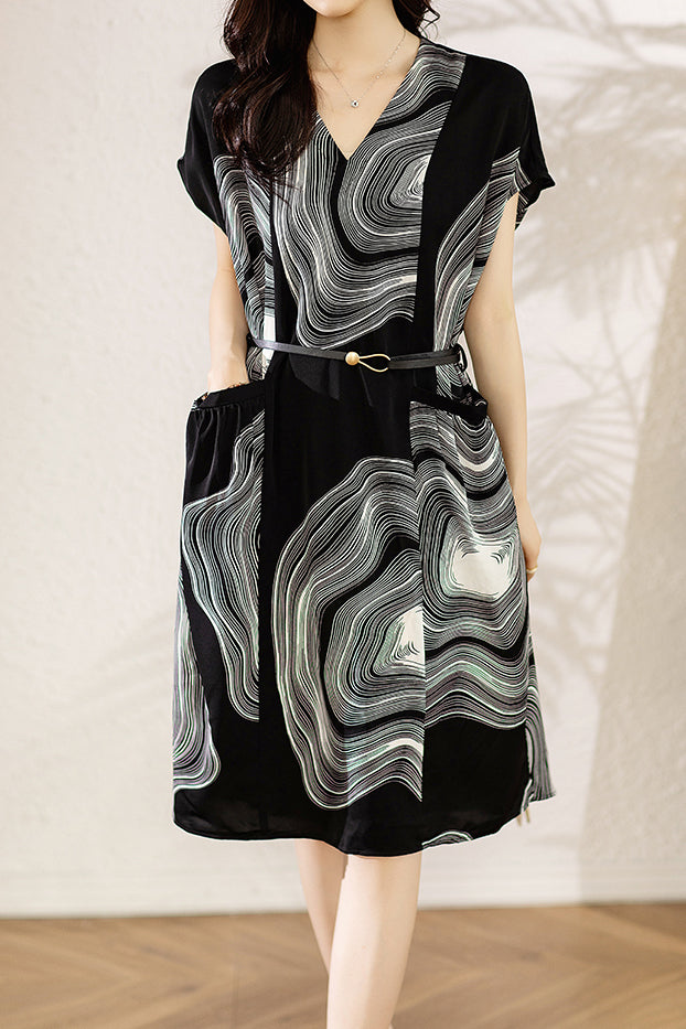 V-Neck Line Print Tie-Belted Dress - liwisi