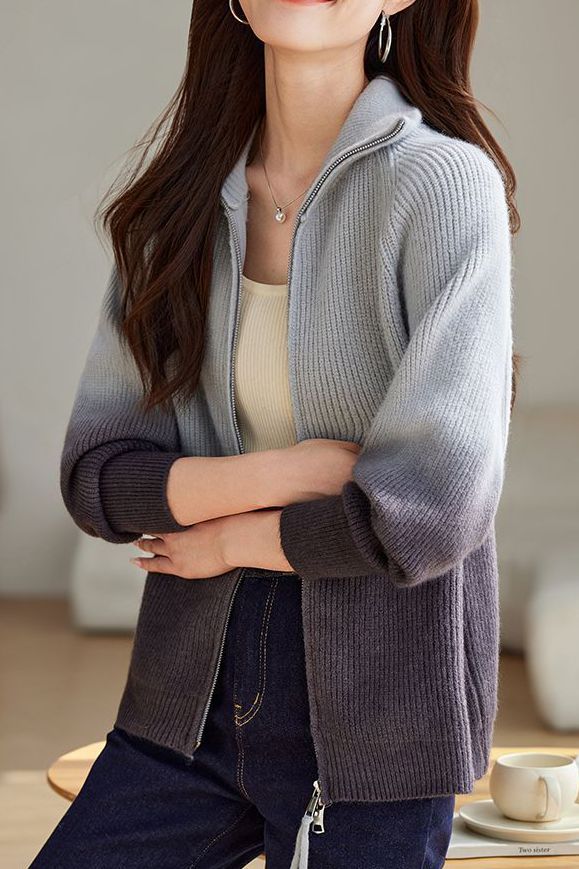 Fashion Gradient Color Double Zipper Cardigan - liwisi