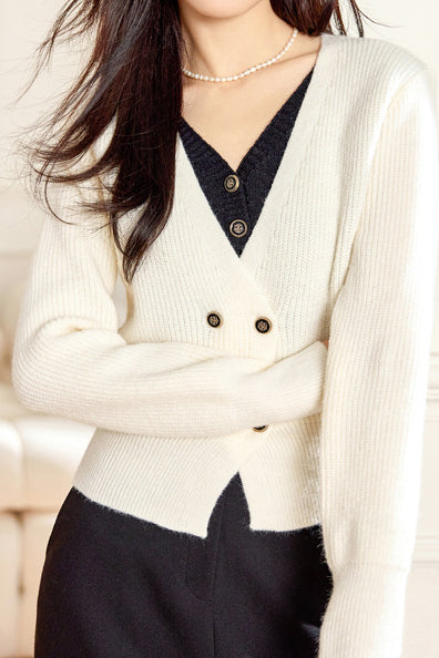 Faux Two-Piece Double Button Bi-Color V-Neck Knit - liwisi