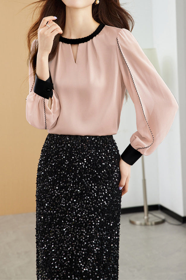 Front Cut-Out Long Sleeve Satin Blouse - 2 Colors Available - liwisi