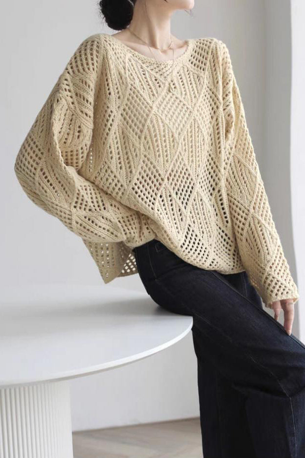 Round Neck Openwork Drop Shoulder Knit - 2 Colors Available - liwisi