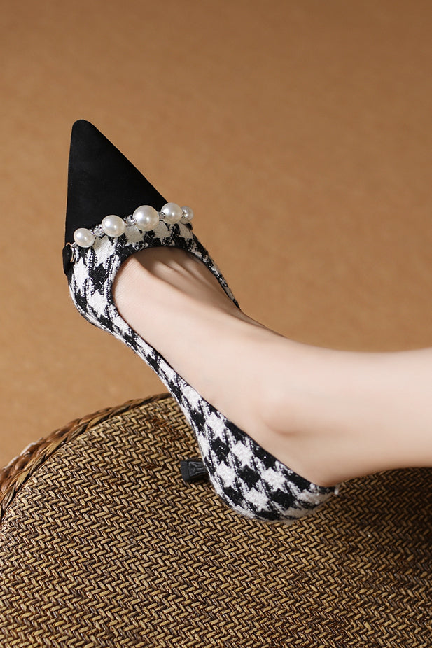 Elegant Houndstooth Pearl High Heels - liwisi