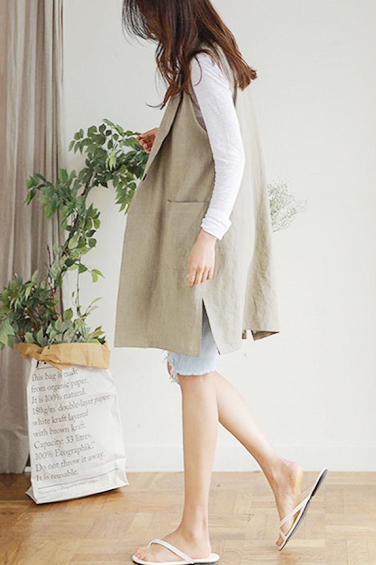 Notch Lapel Color Side Slit Linen Gilet - 3 Colors Available - liwisi