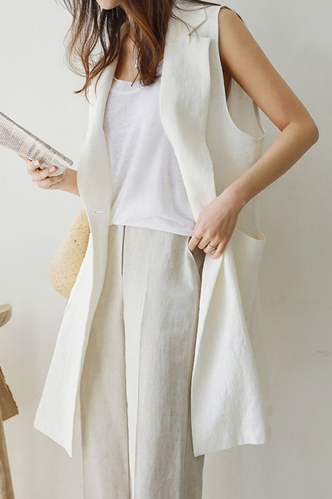 Notch Lapel Color Side Slit Linen Gilet - 3 Colors Available - liwisi