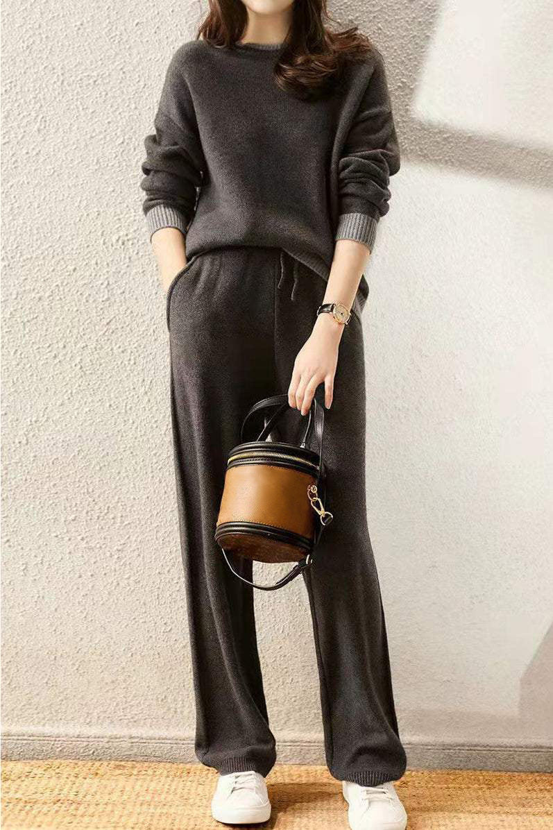 Two-Piece Set: Round Neck Color Block Knit Top + Drawstring Color Block Long Knit Wide Pants - liwisi