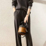 Two-Piece Set: Round Neck Color Block Knit Top + Drawstring Color Block Long Knit Wide Pants - liwisi