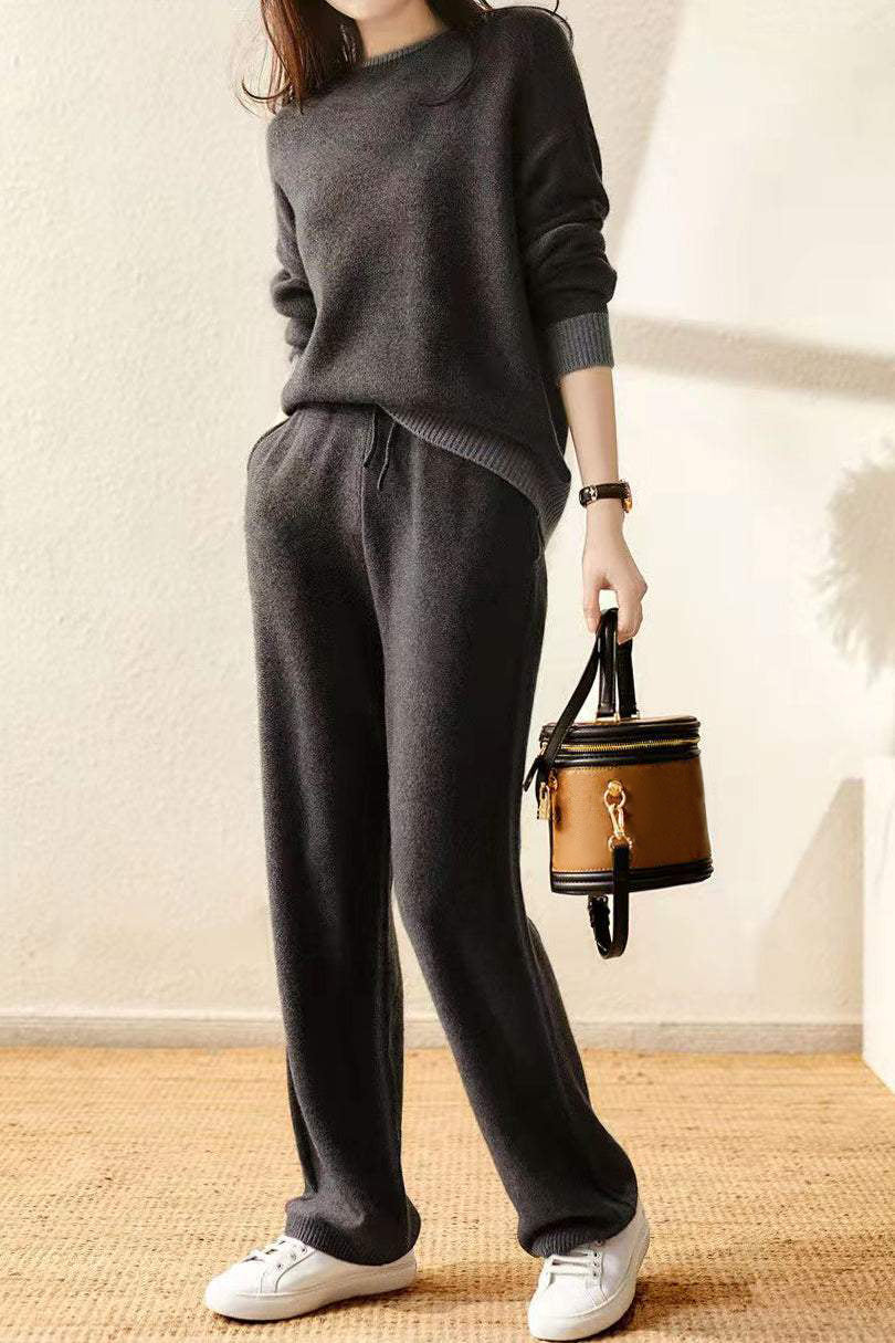 Two-Piece Set: Round Neck Color Block Knit Top + Drawstring Color Block Long Knit Wide Pants - liwisi