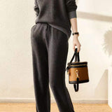 Two-Piece Set: Round Neck Color Block Knit Top + Drawstring Color Block Long Knit Wide Pants - liwisi