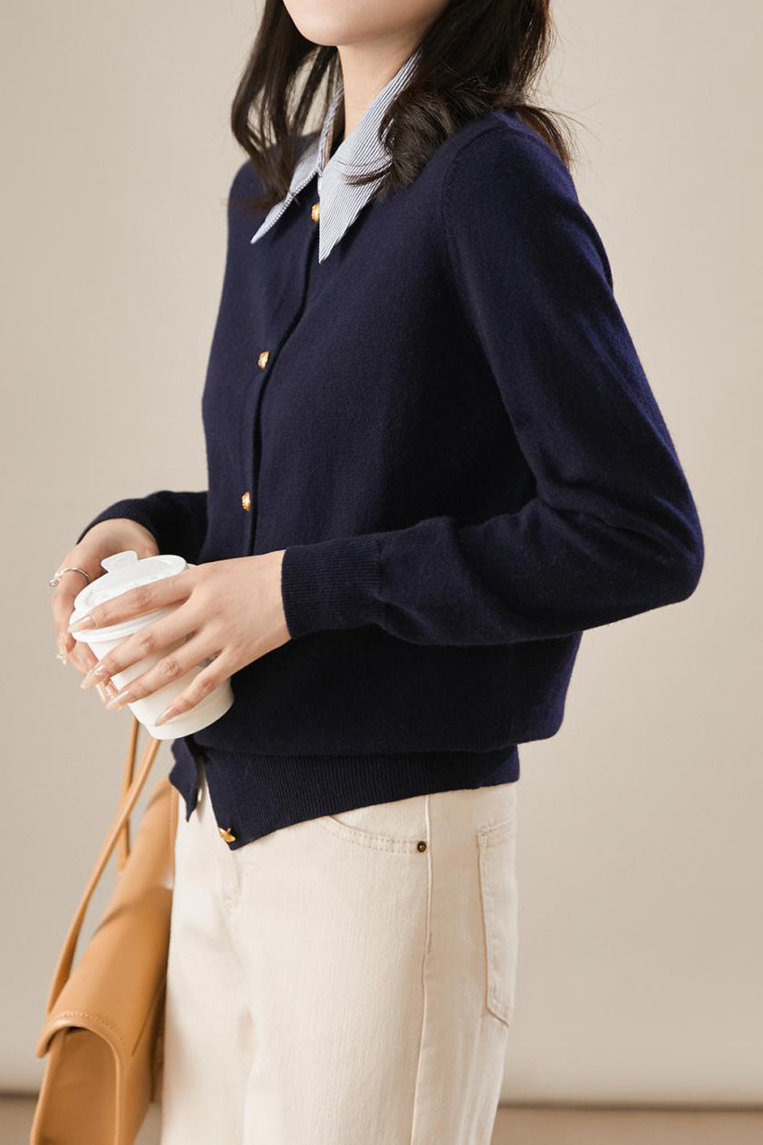 Layered Look Shirt Collar Striped Contrast Knit Cardigan - 3 Colors Available - liwisi