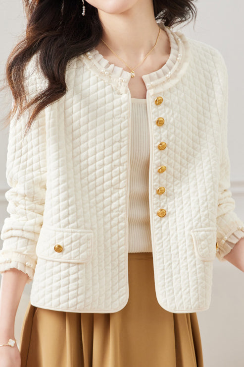 Elegant Ruffled Collar Pearl Decor Jacket - 3 Colors Available - liwisi