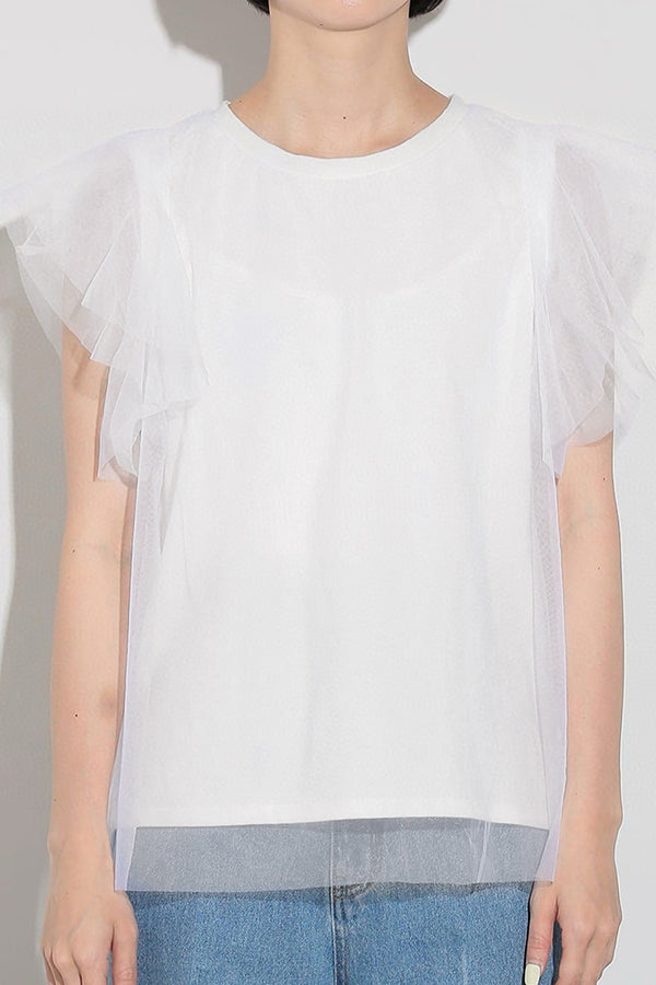 Round Neck Double Tulle Flare Sleeve T-Shirt - 2 Colors Available - liwisi