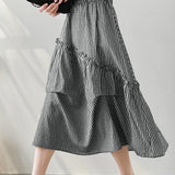 Asymmetrical Contrast Ruffle Decor Long Check Skirt - liwisi