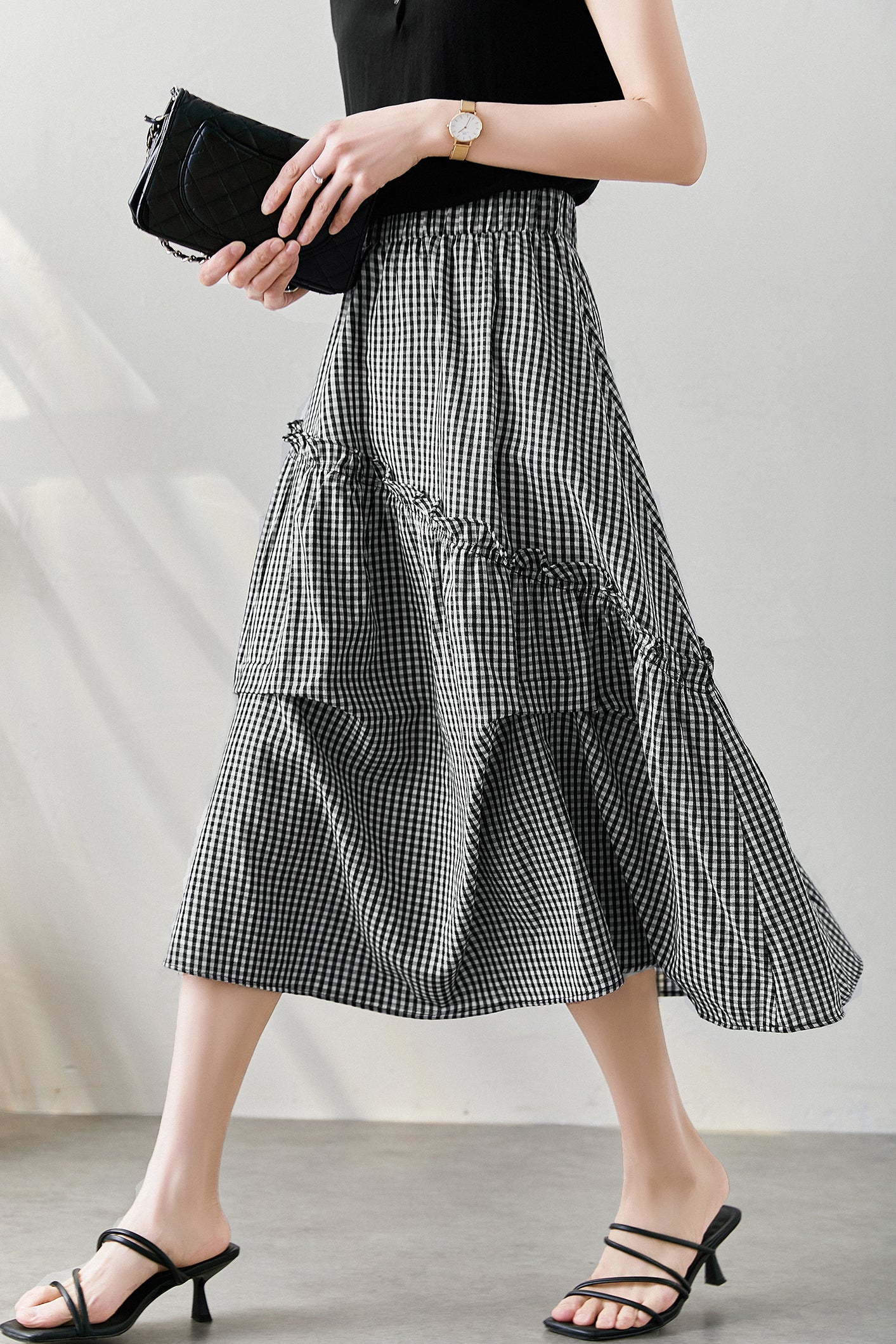 Asymmetrical Contrast Ruffle Decor Long Check Skirt - liwisi