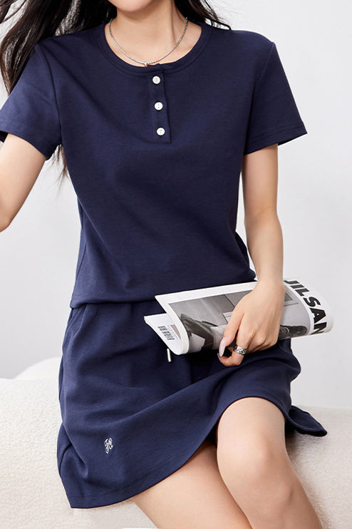 Two-Piece Set: Round Neck Slit Opening Short Sleeve T-Shirt + Logo Embroidered Drawstring Shorts - 2 Colors Available - liwisi