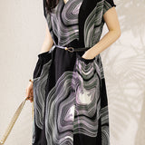 V-Neck Line Print Tie-Belted Dress - liwisi